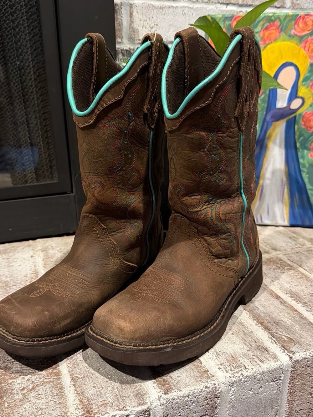 Justin Boots Brown Kids Western Boots with Turquoise Trim